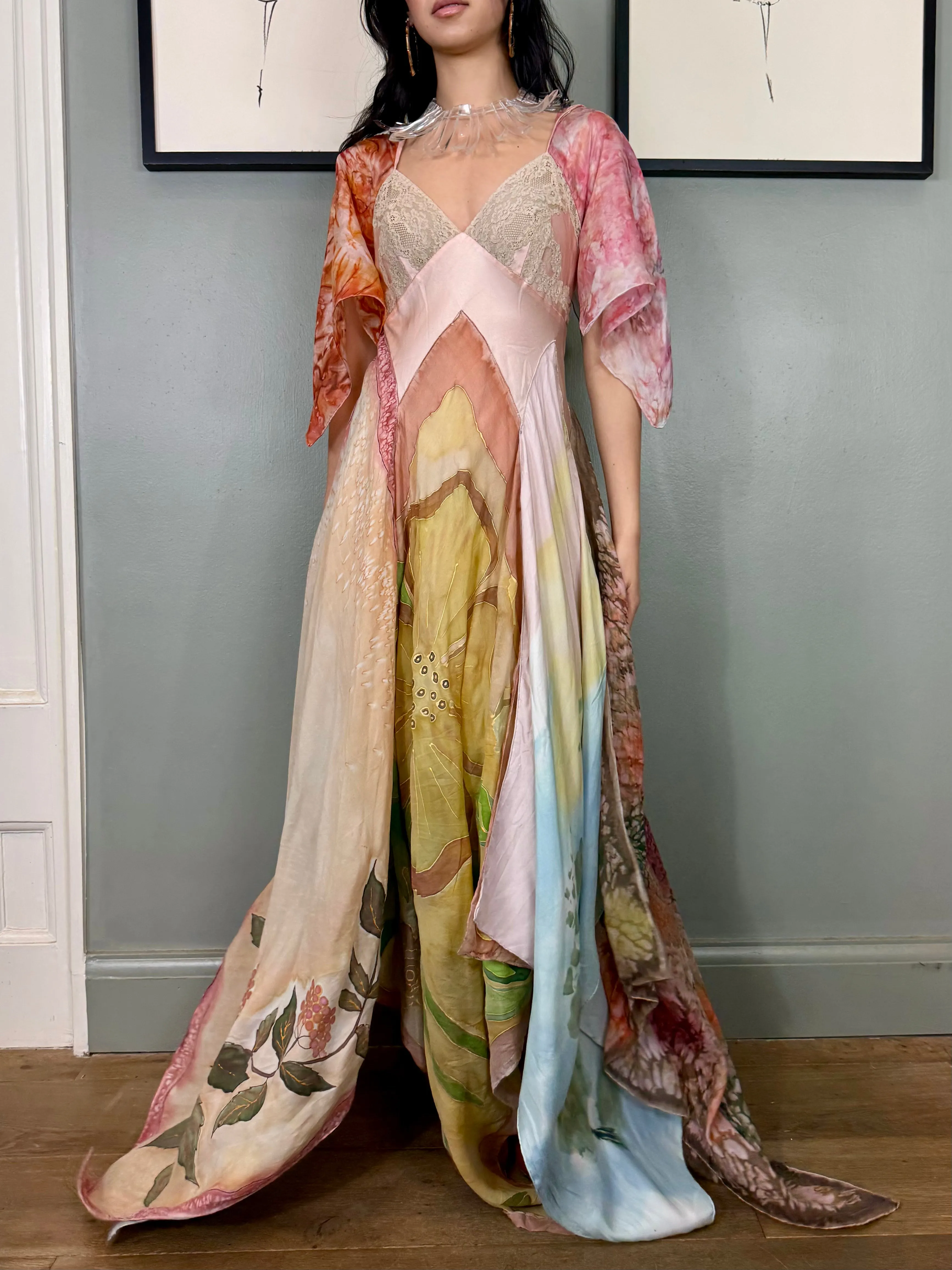 Aurora, reworked vintage lace slip and hand painted scard dress