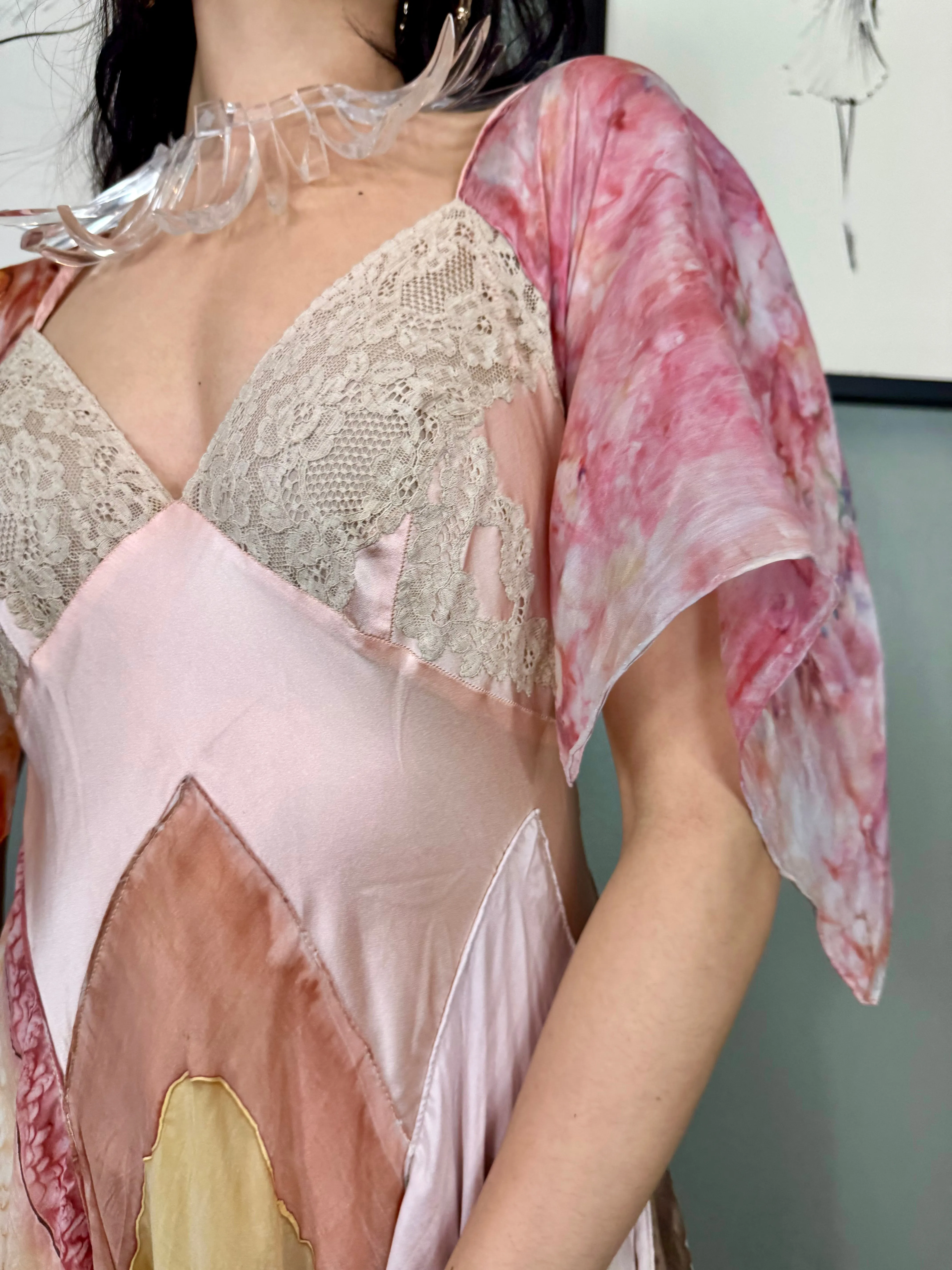 Aurora, reworked vintage lace slip and hand painted scard dress