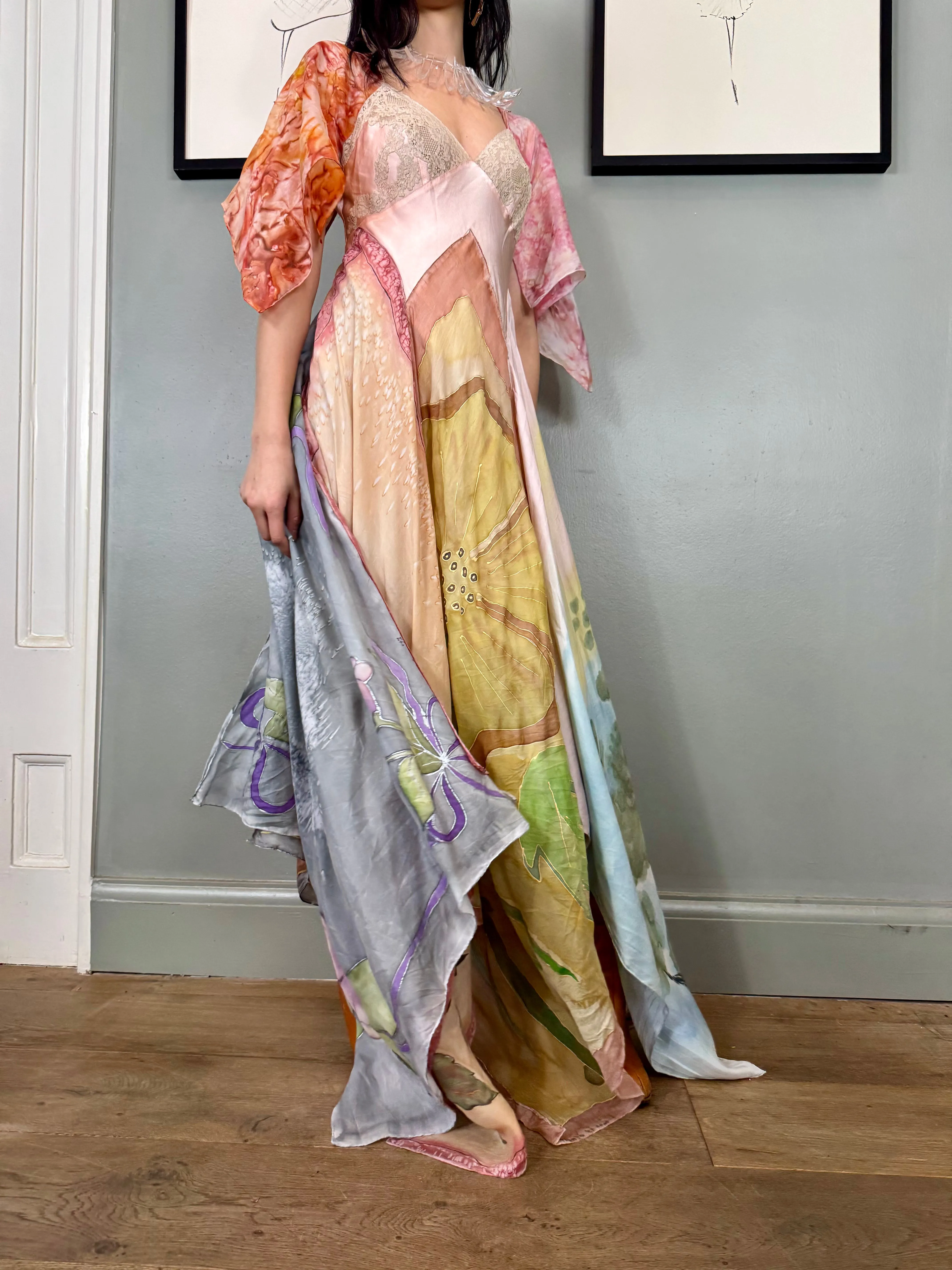Aurora, reworked vintage lace slip and hand painted scard dress