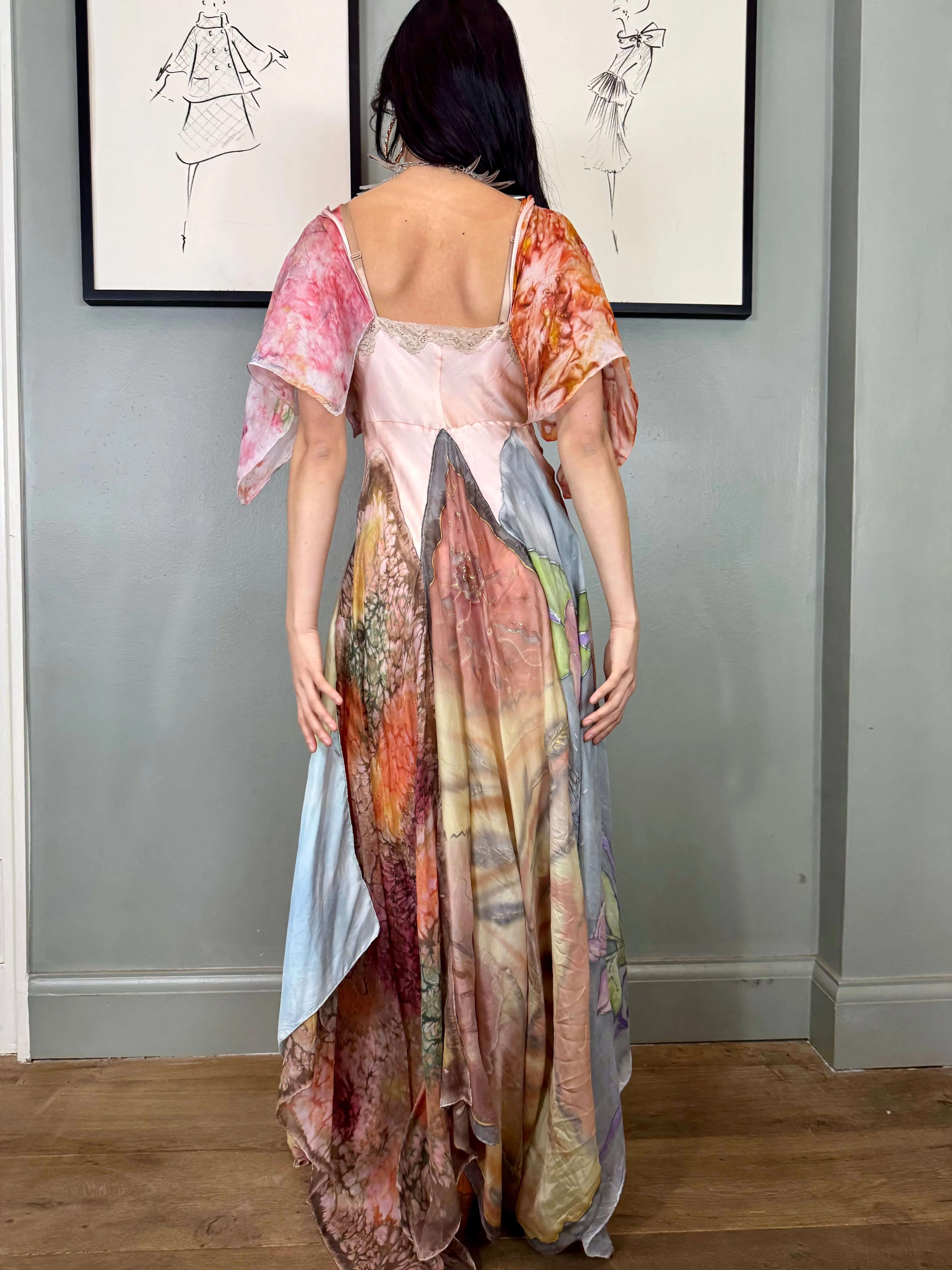 Aurora, reworked vintage lace slip and hand painted scard dress