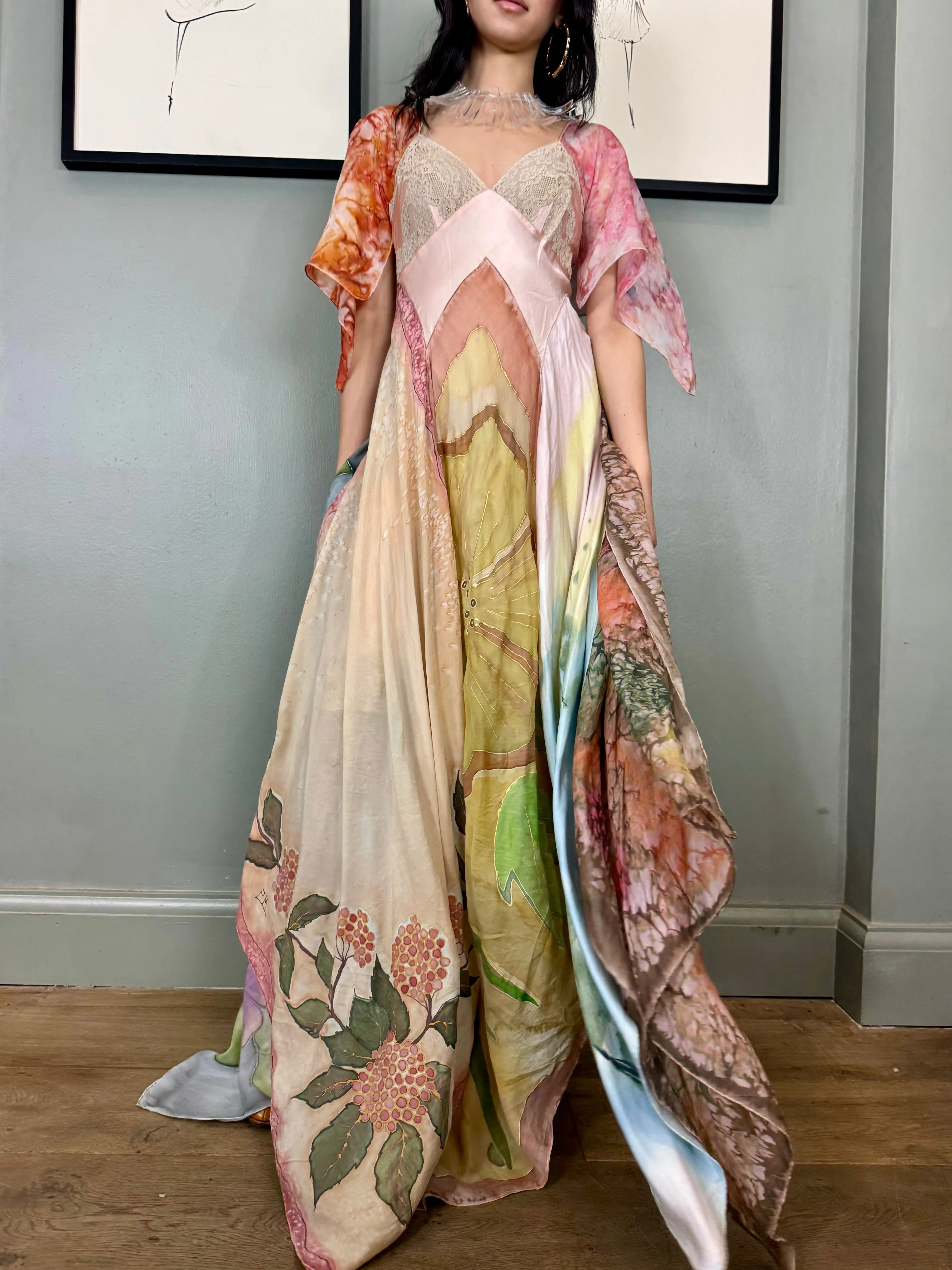 Aurora, reworked vintage lace slip and hand painted scard dress