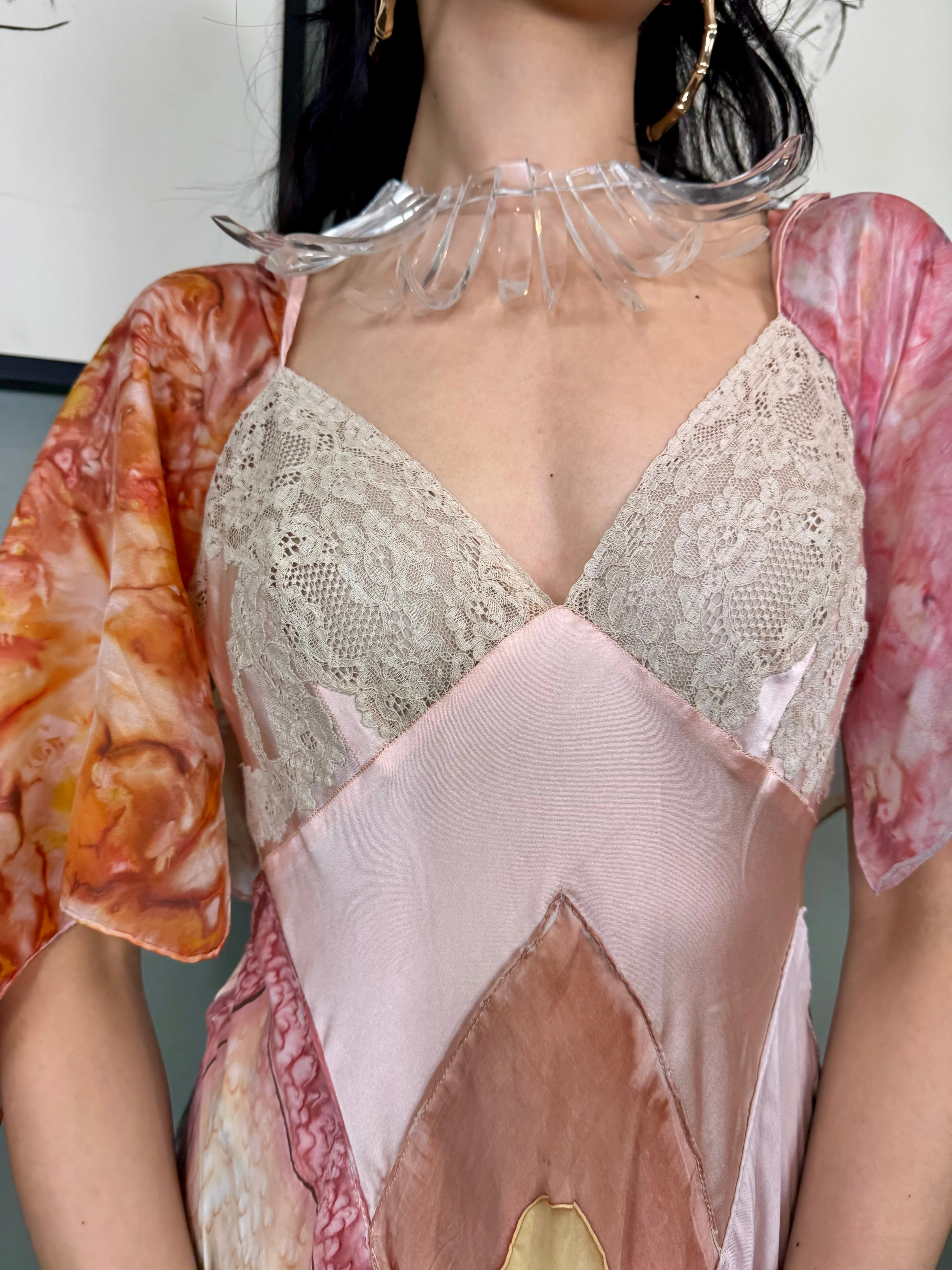 Aurora, reworked vintage lace slip and hand painted scard dress