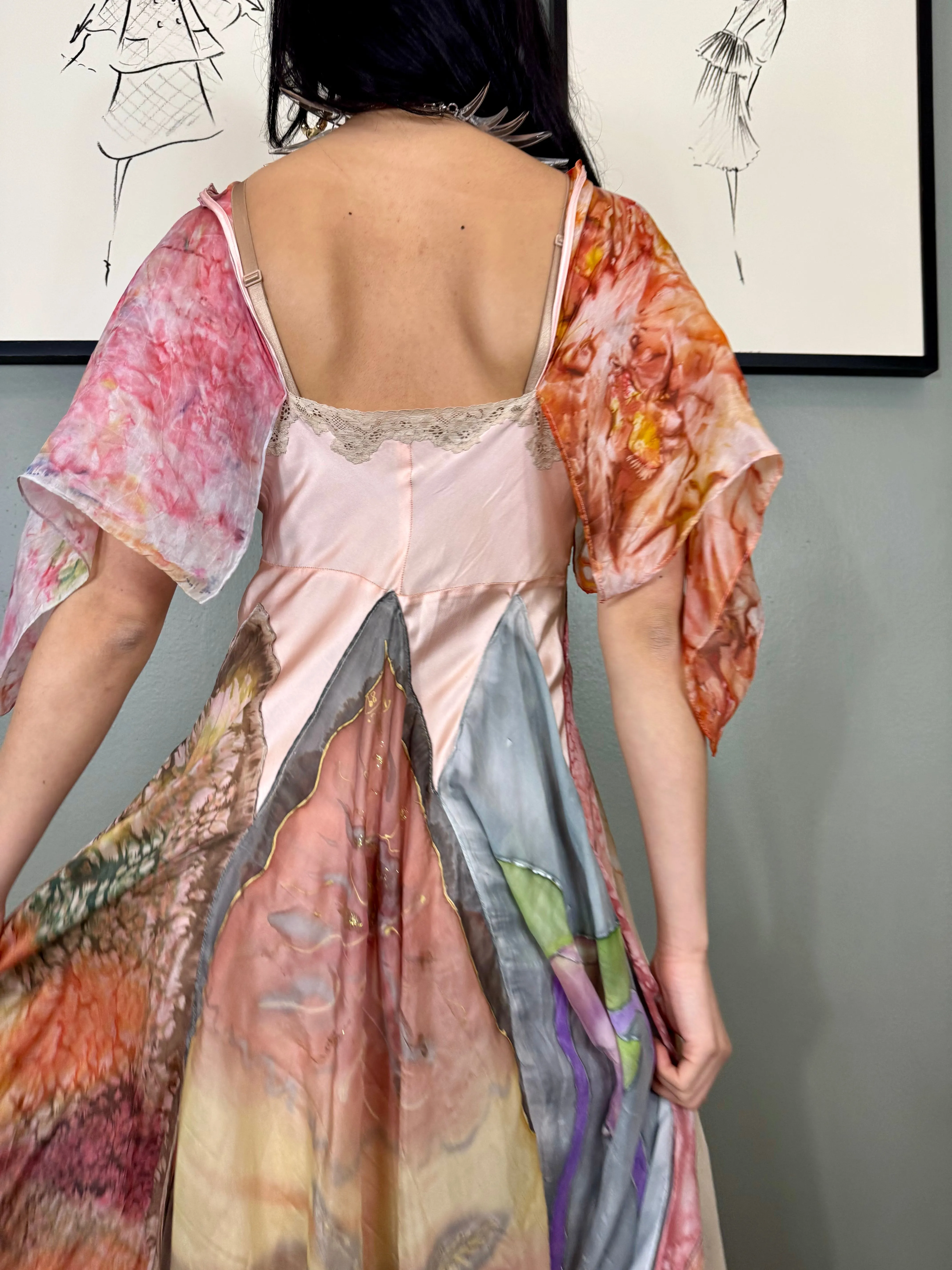 Aurora, reworked vintage lace slip and hand painted scard dress
