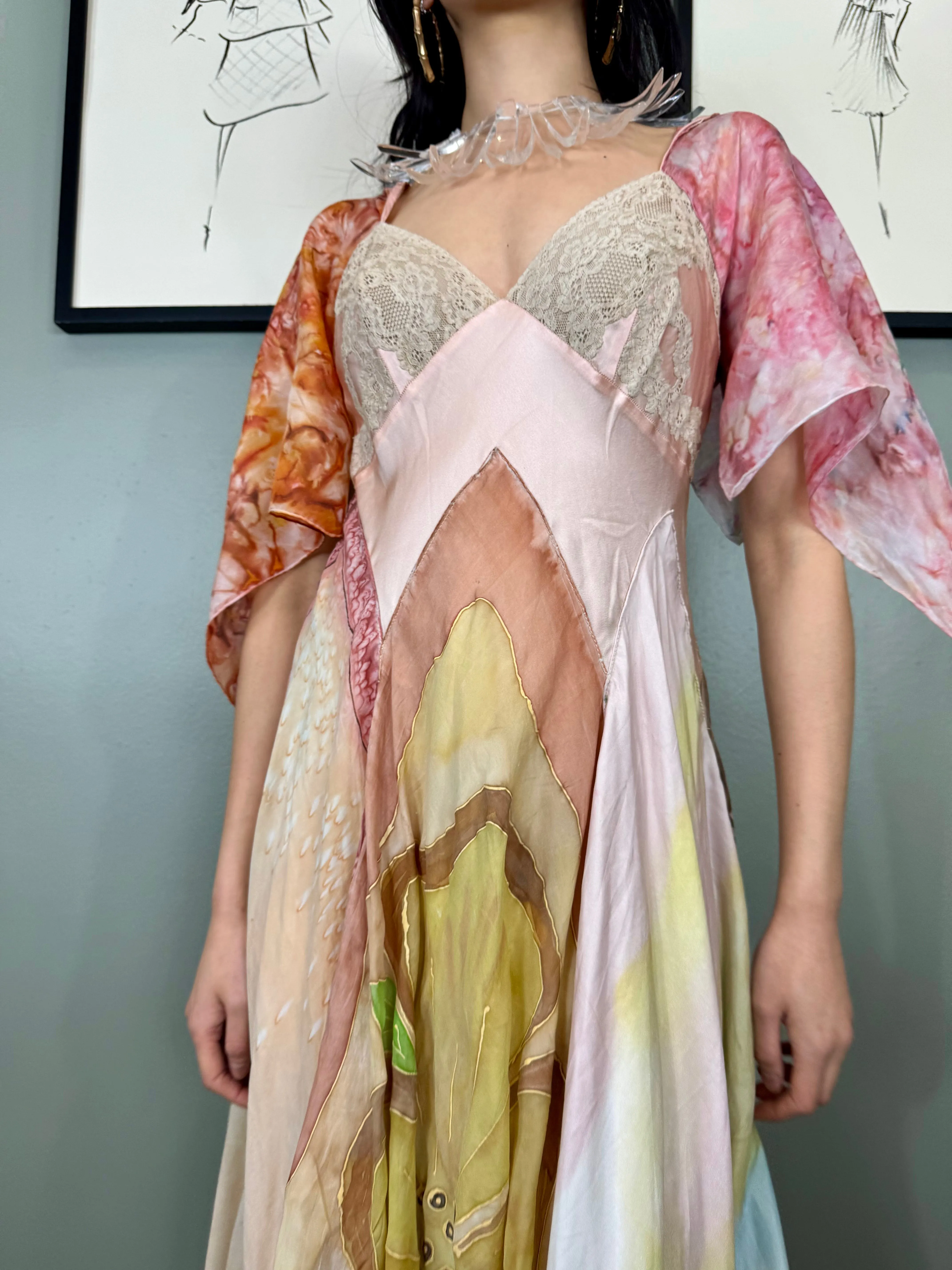 Aurora, reworked vintage lace slip and hand painted scard dress