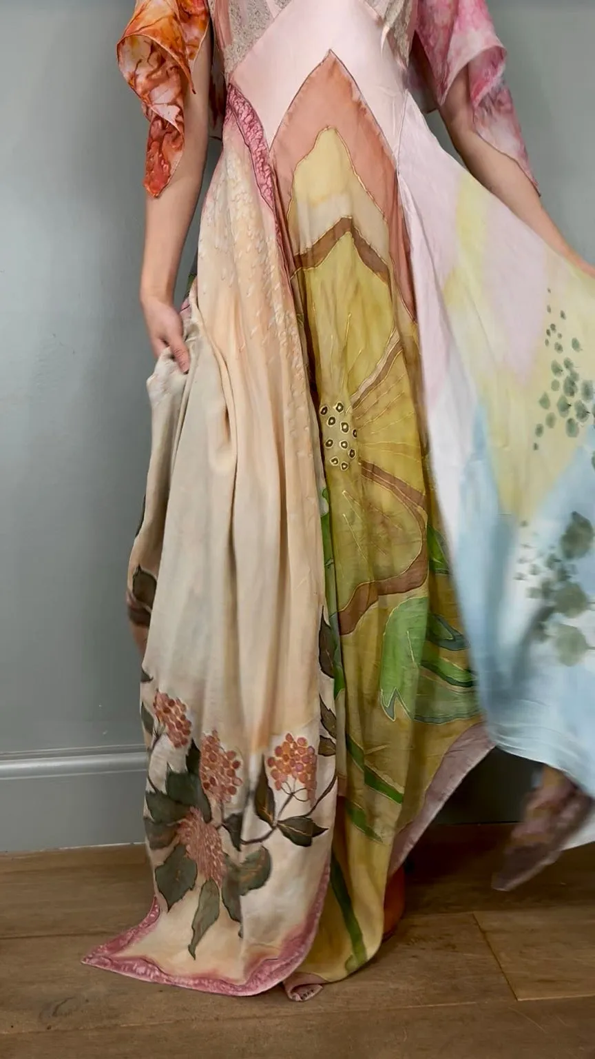 Aurora, reworked vintage lace slip and hand painted scard dress