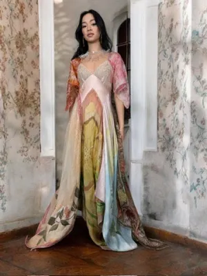 Aurora, reworked vintage lace slip and hand painted scard dress