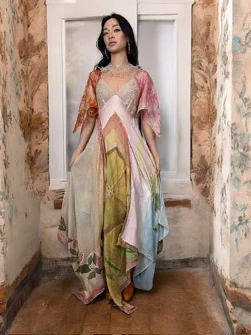 Aurora, reworked vintage lace slip and hand painted scard dress