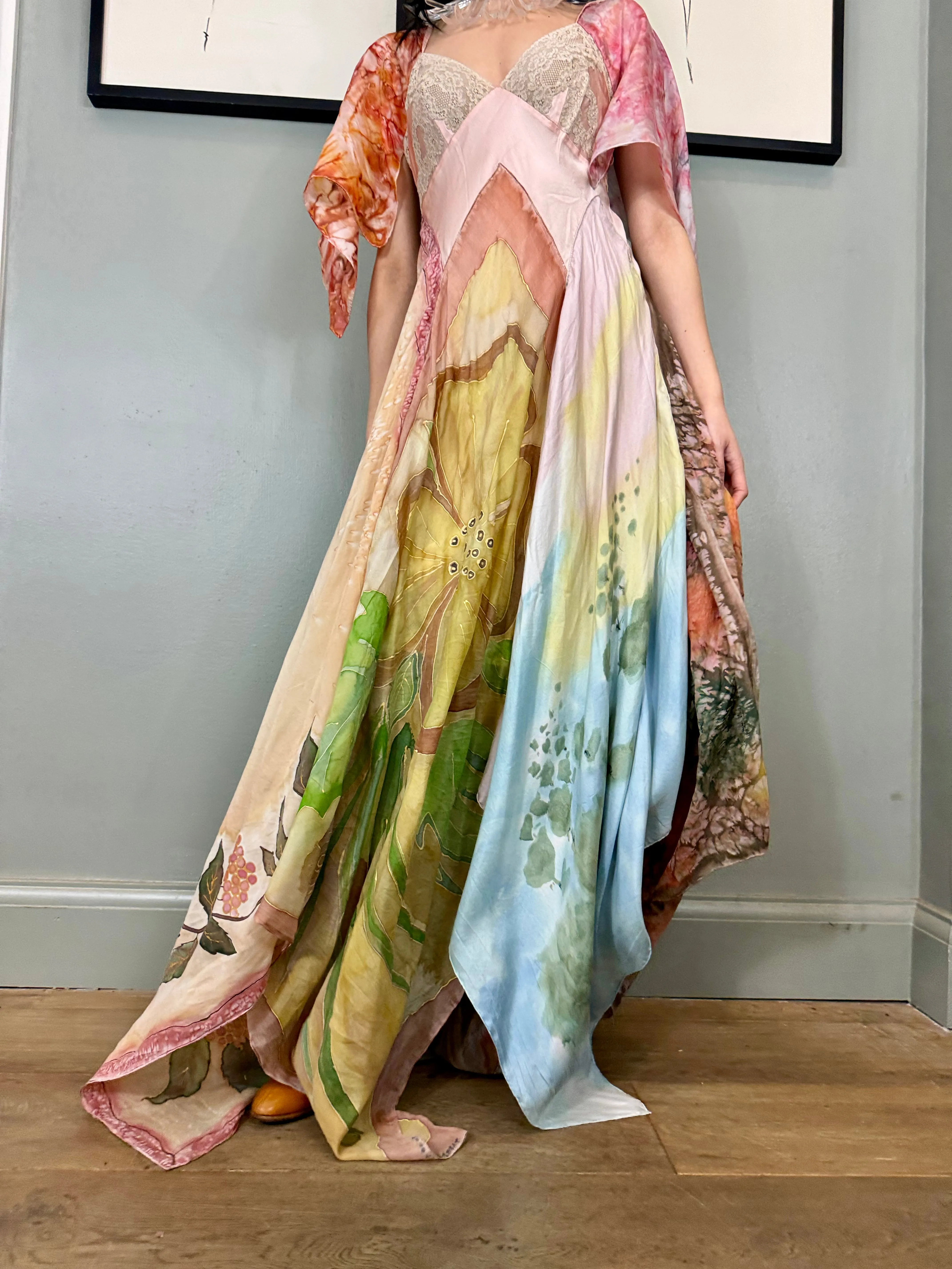 Aurora, reworked vintage lace slip and hand painted scard dress