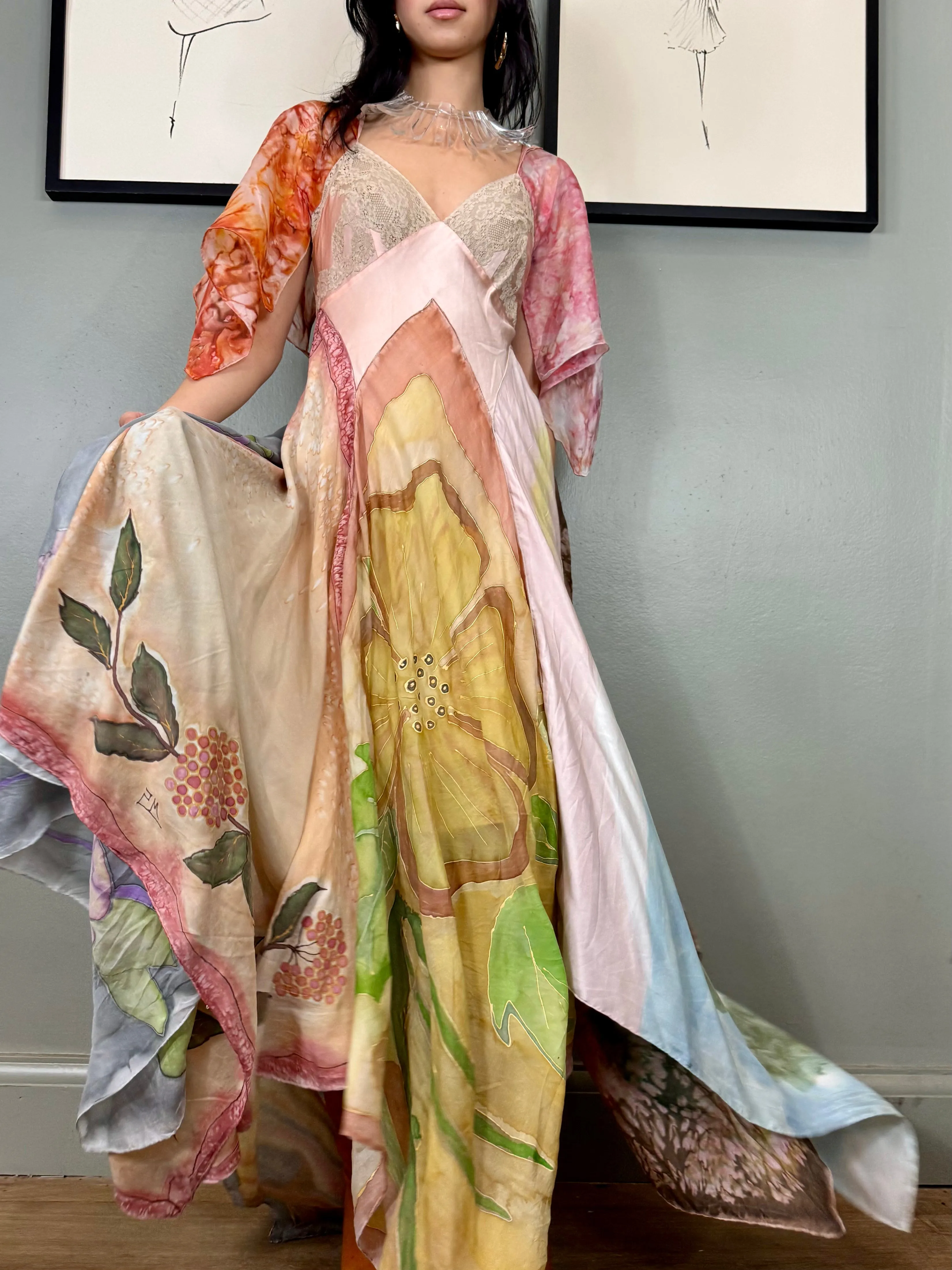 Aurora, reworked vintage lace slip and hand painted scard dress