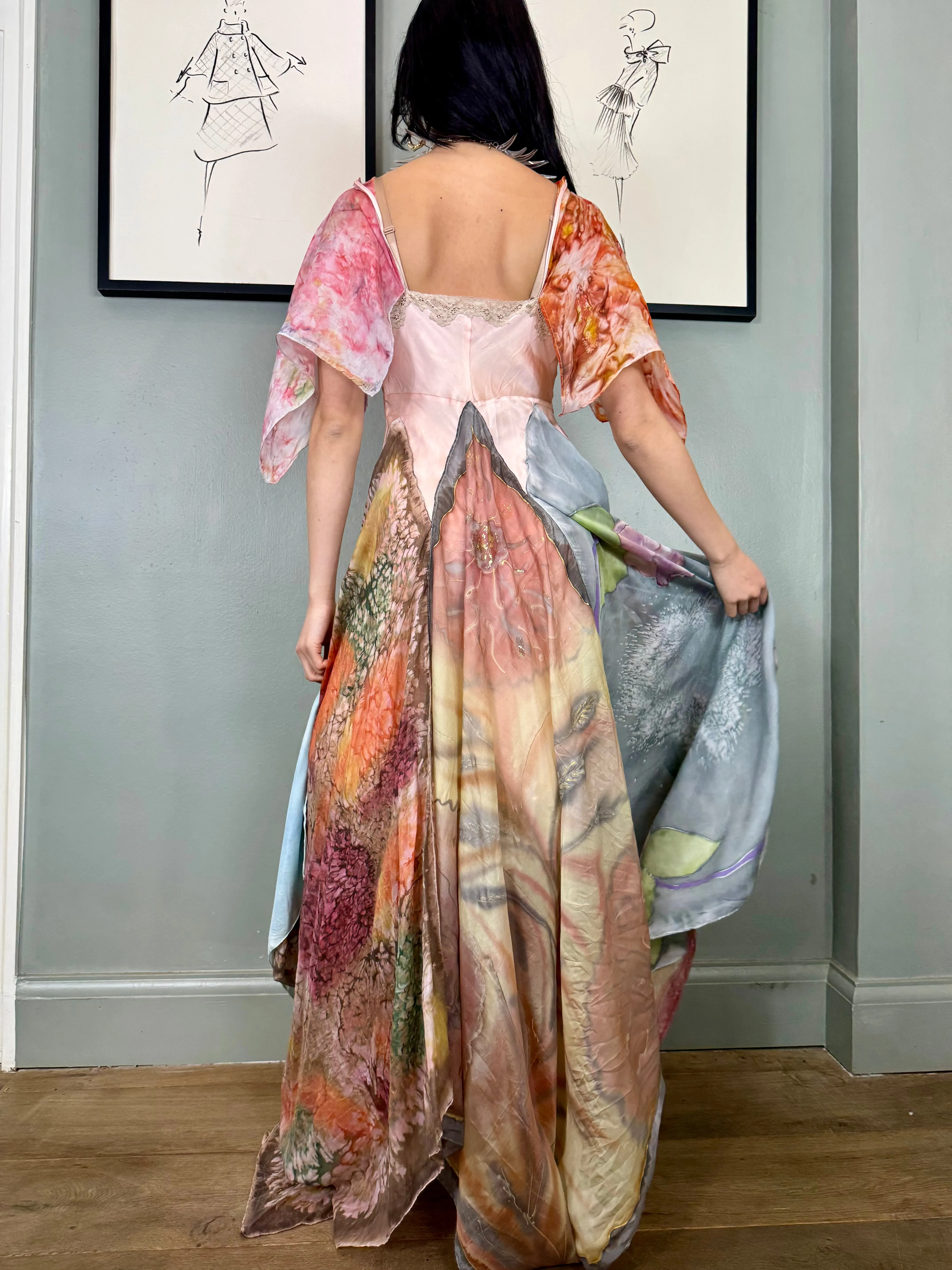 Aurora, reworked vintage lace slip and hand painted scard dress