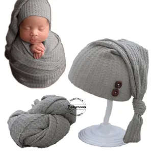 Babymoon Stretchable Baby Wrap & Knotty Cap New Born Photography Photoshoot Prop-Grey