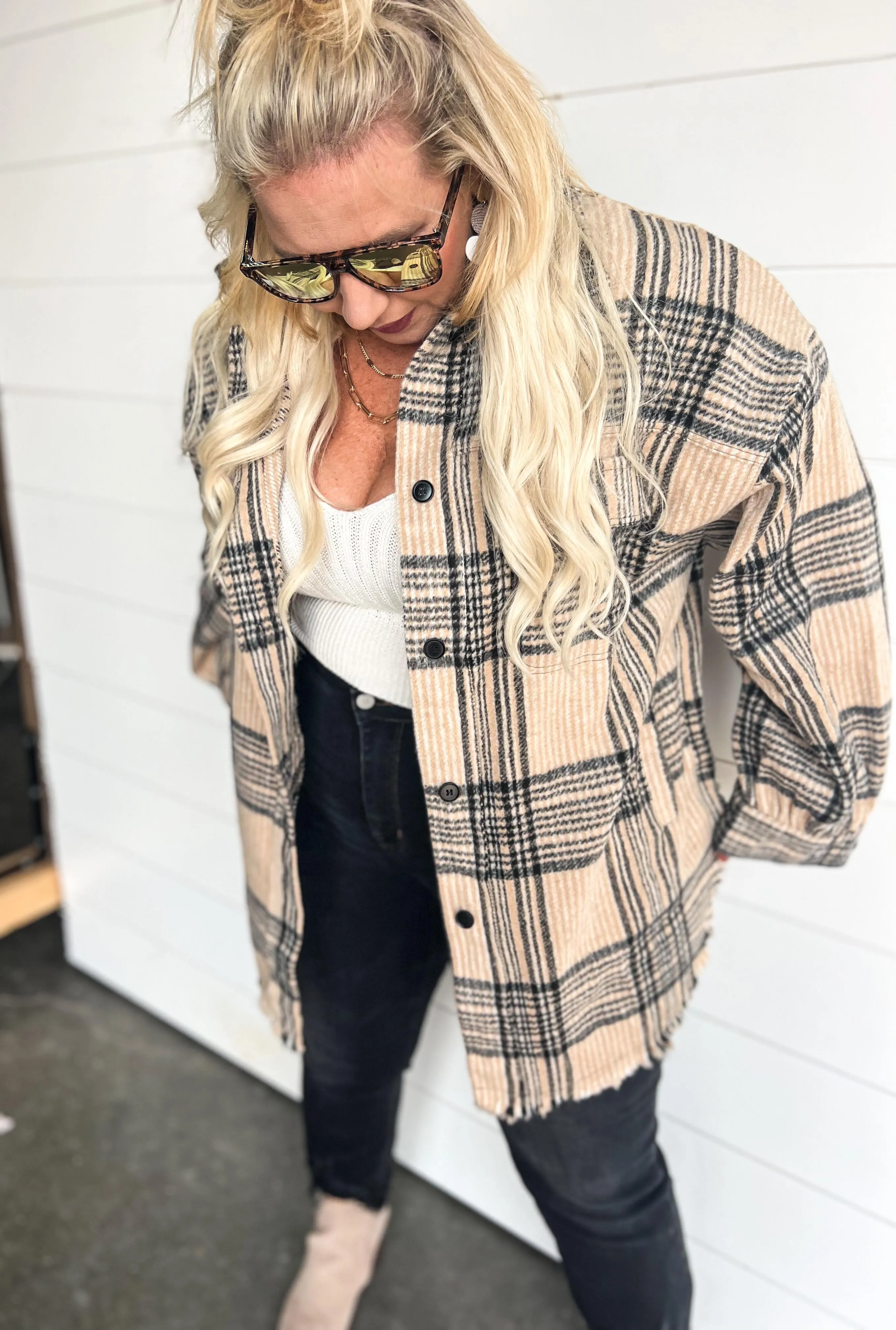 Beige Plaid Shacket - White Birch