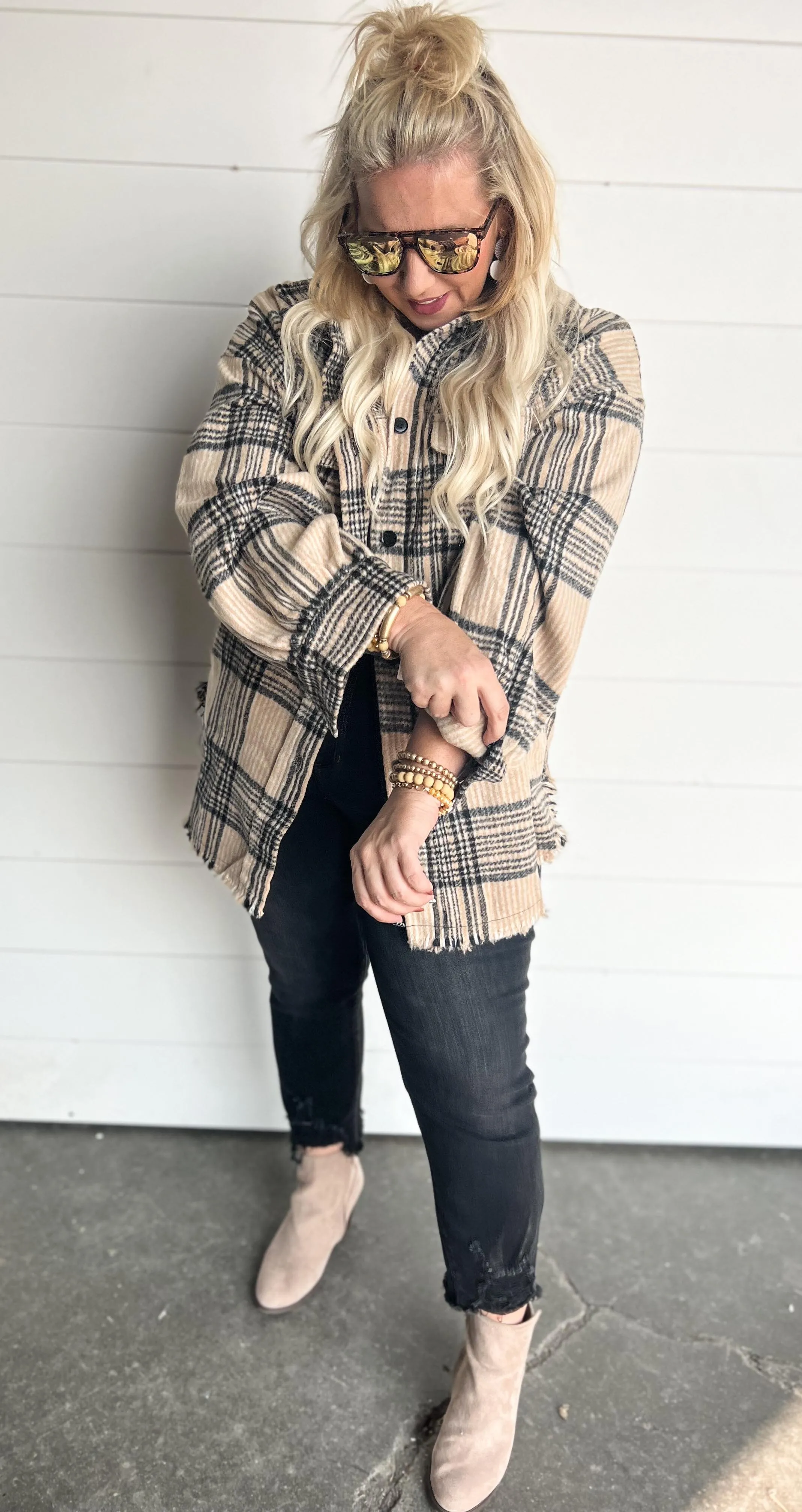 Beige Plaid Shacket - White Birch