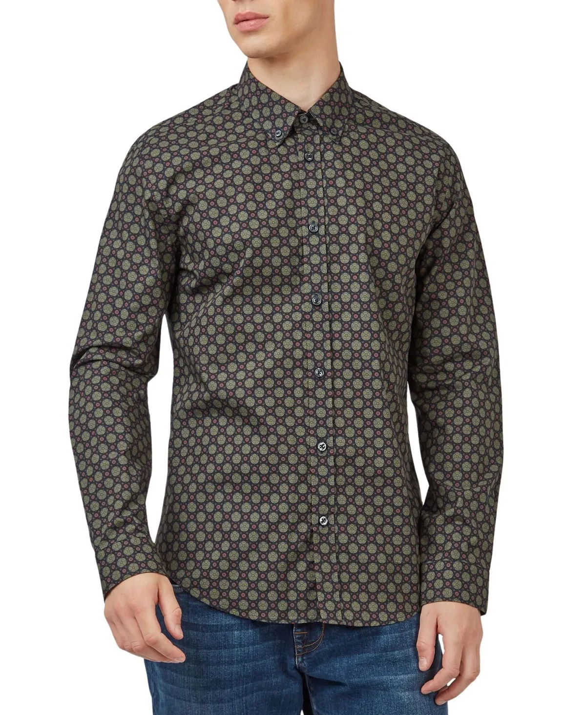 Ben Sherman Men's Long Sleeve Shawl Print Shirt, Black