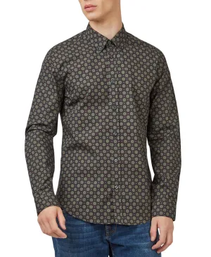 Ben Sherman Men's Long Sleeve Shawl Print Shirt, Black