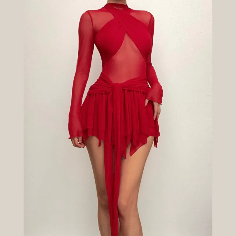 BerriesJam - Sleeve Ruffle Ruched Cross Front Halter Sheer Mesh Mini Dress