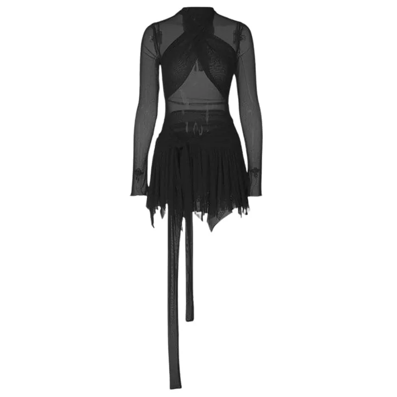 BerriesJam - Sleeve Ruffle Ruched Cross Front Halter Sheer Mesh Mini Dress
