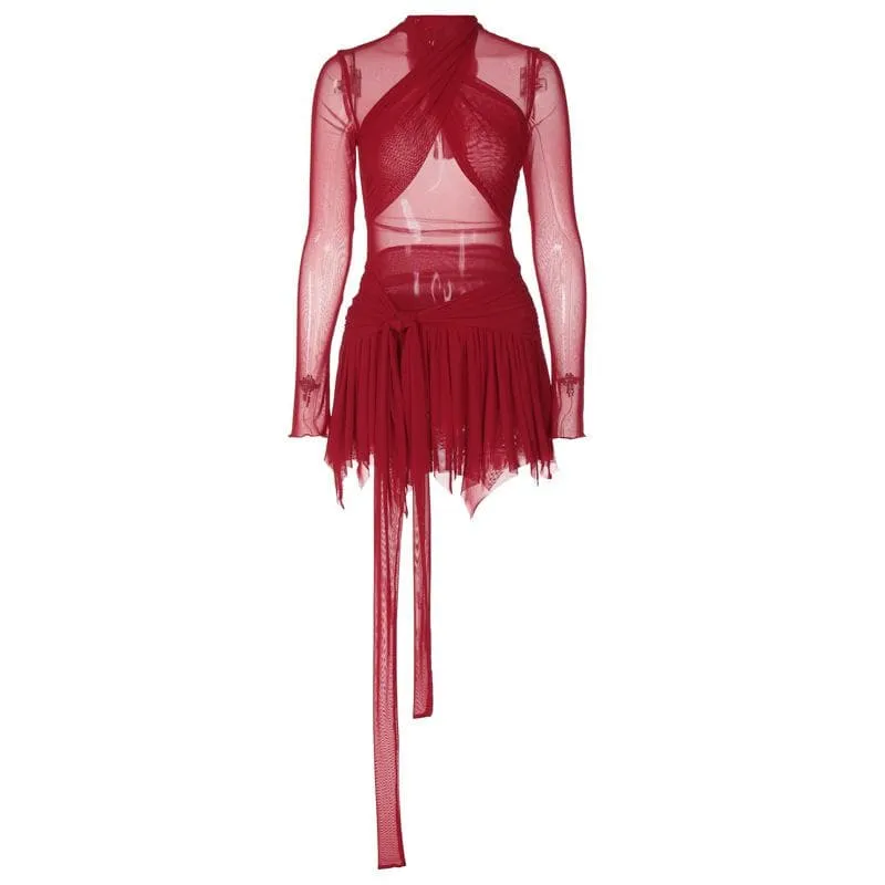 BerriesJam - Sleeve Ruffle Ruched Cross Front Halter Sheer Mesh Mini Dress