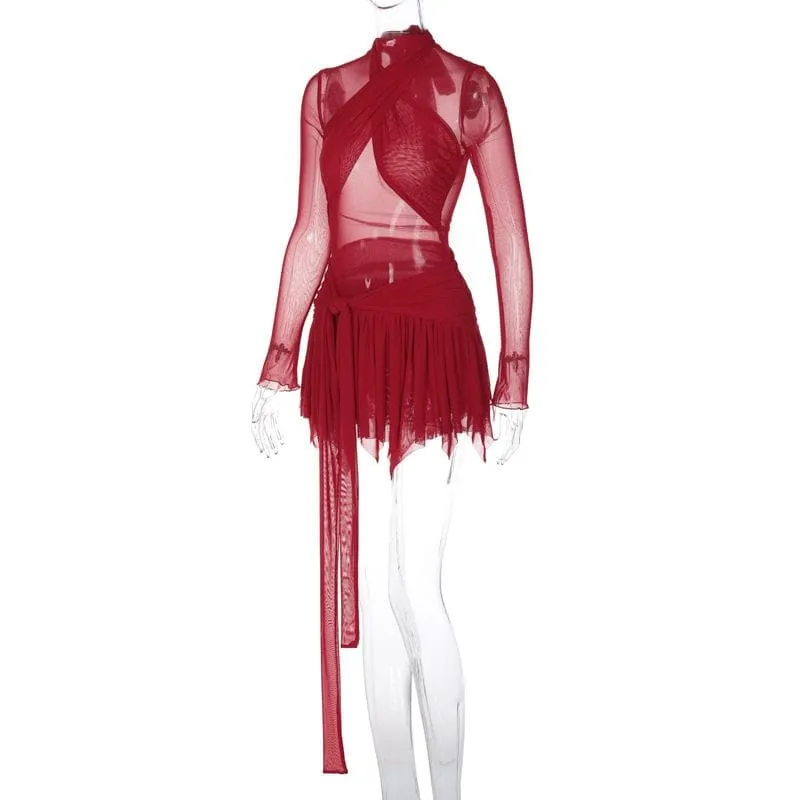 BerriesJam - Sleeve Ruffle Ruched Cross Front Halter Sheer Mesh Mini Dress