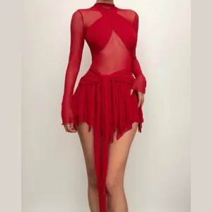 BerriesJam - Sleeve Ruffle Ruched Cross Front Halter Sheer Mesh Mini Dress