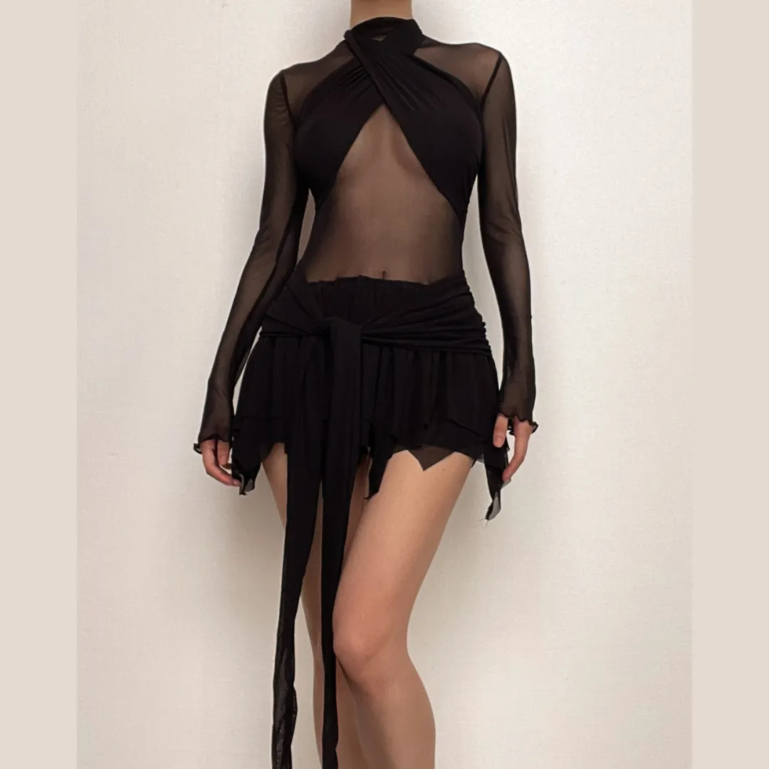 BerriesJam - Sleeve Ruffle Ruched Cross Front Halter Sheer Mesh Mini Dress