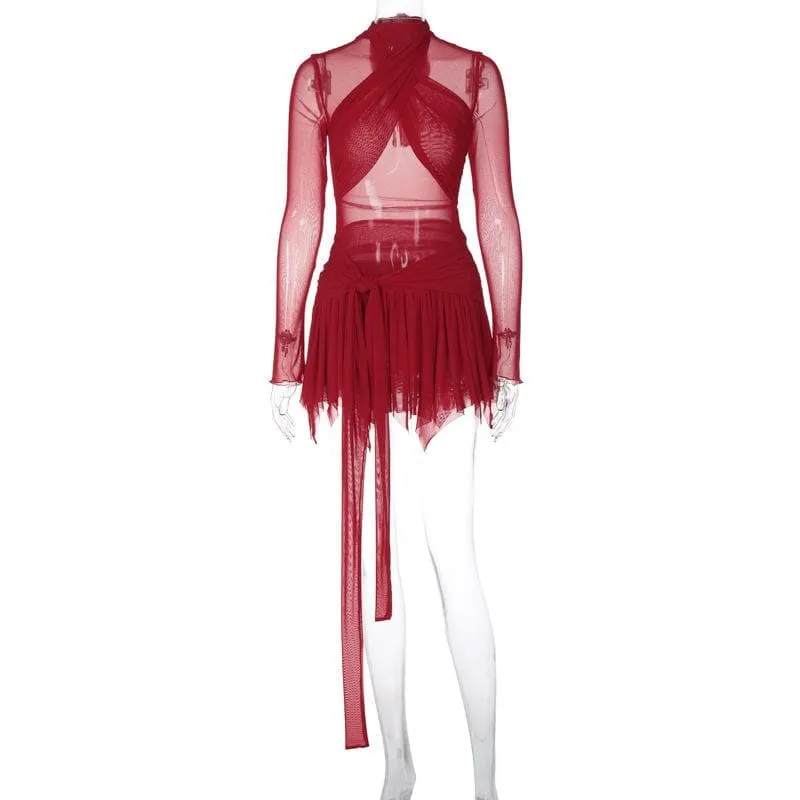 BerriesJam - Sleeve Ruffle Ruched Cross Front Halter Sheer Mesh Mini Dress