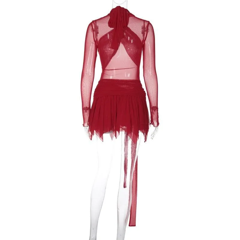 BerriesJam - Sleeve Ruffle Ruched Cross Front Halter Sheer Mesh Mini Dress