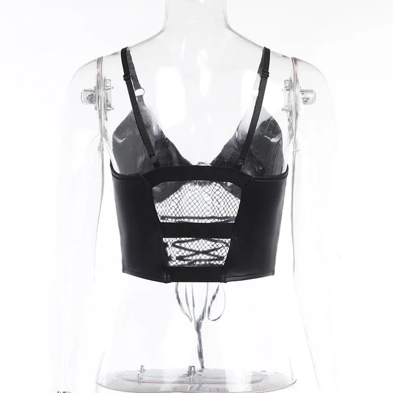 BerryBetty - Backless v neck o ring lace up fishnet hollow out solid cami crop top - Final Sale