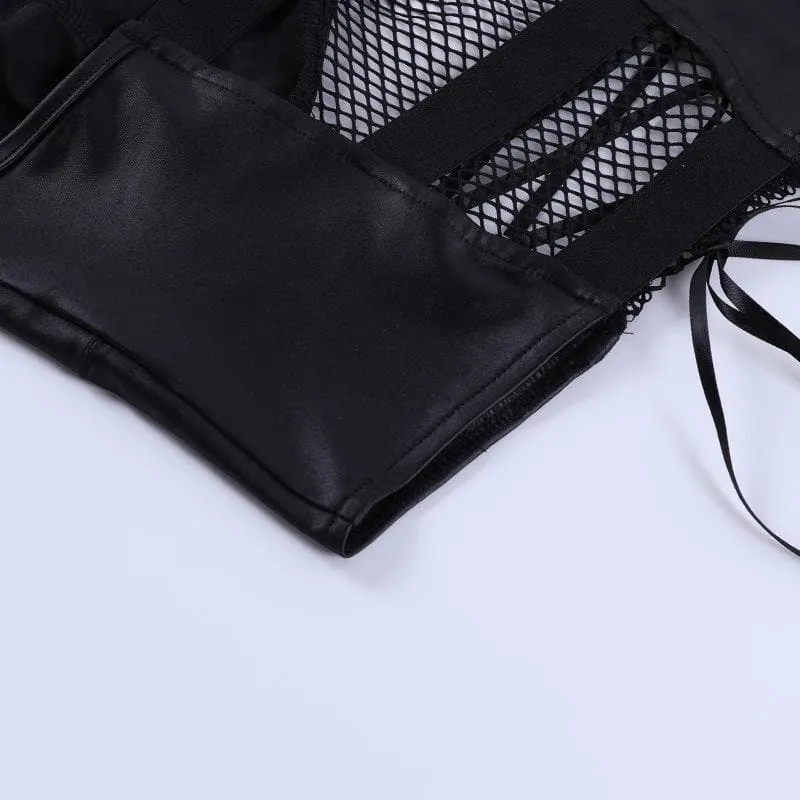 BerryBetty - Backless v neck o ring lace up fishnet hollow out solid cami crop top - Final Sale