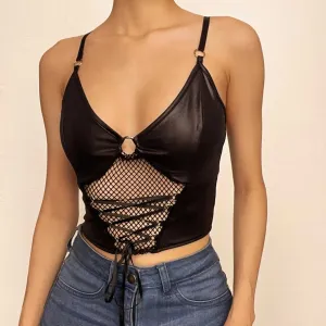 BerryBetty - Backless v neck o ring lace up fishnet hollow out solid cami crop top - Final Sale
