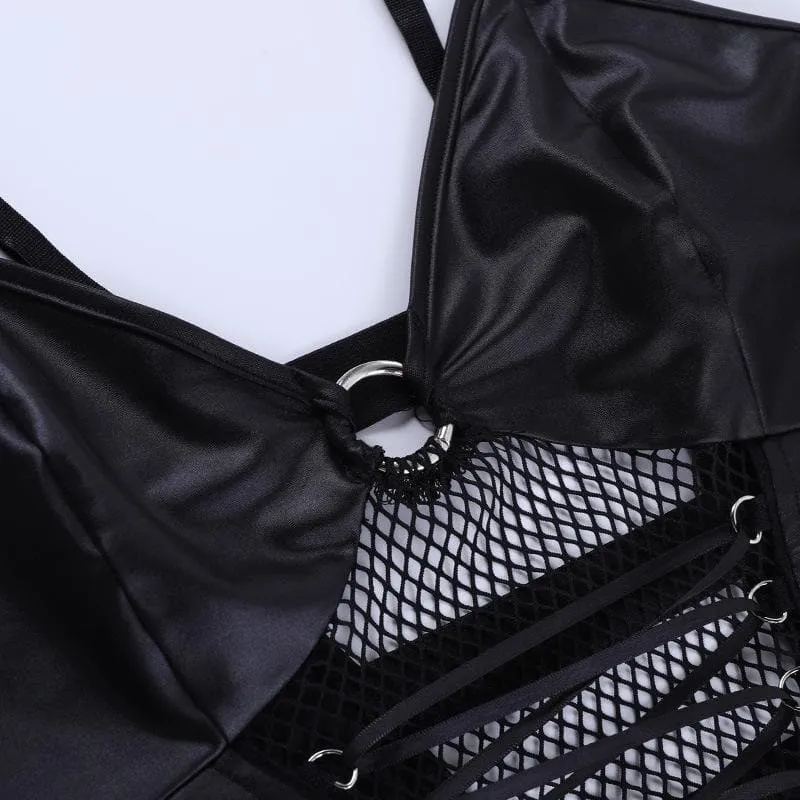 BerryBetty - Backless v neck o ring lace up fishnet hollow out solid cami crop top - Final Sale