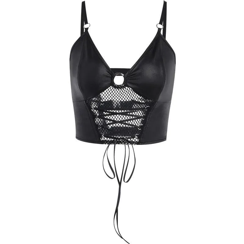 BerryBetty - Backless v neck o ring lace up fishnet hollow out solid cami crop top - Final Sale