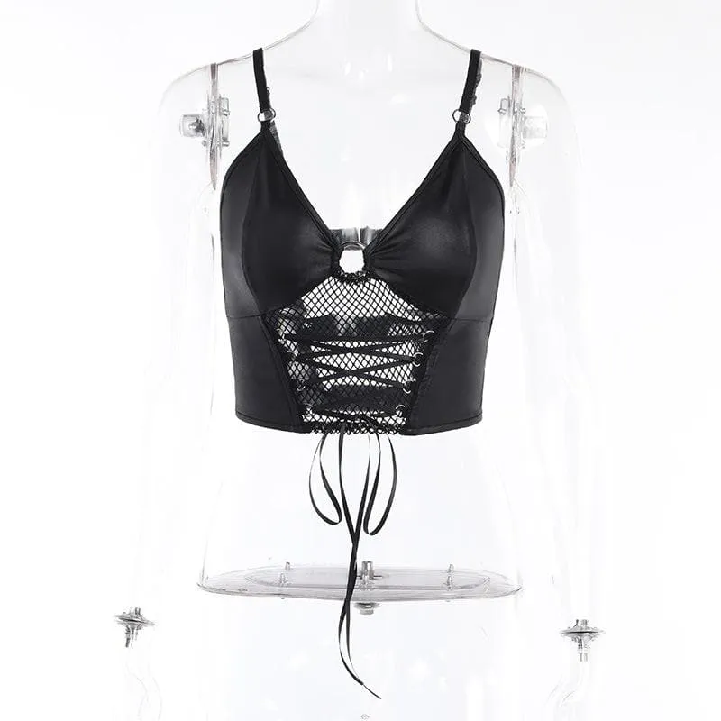 BerryBetty - Backless v neck o ring lace up fishnet hollow out solid cami crop top - Final Sale