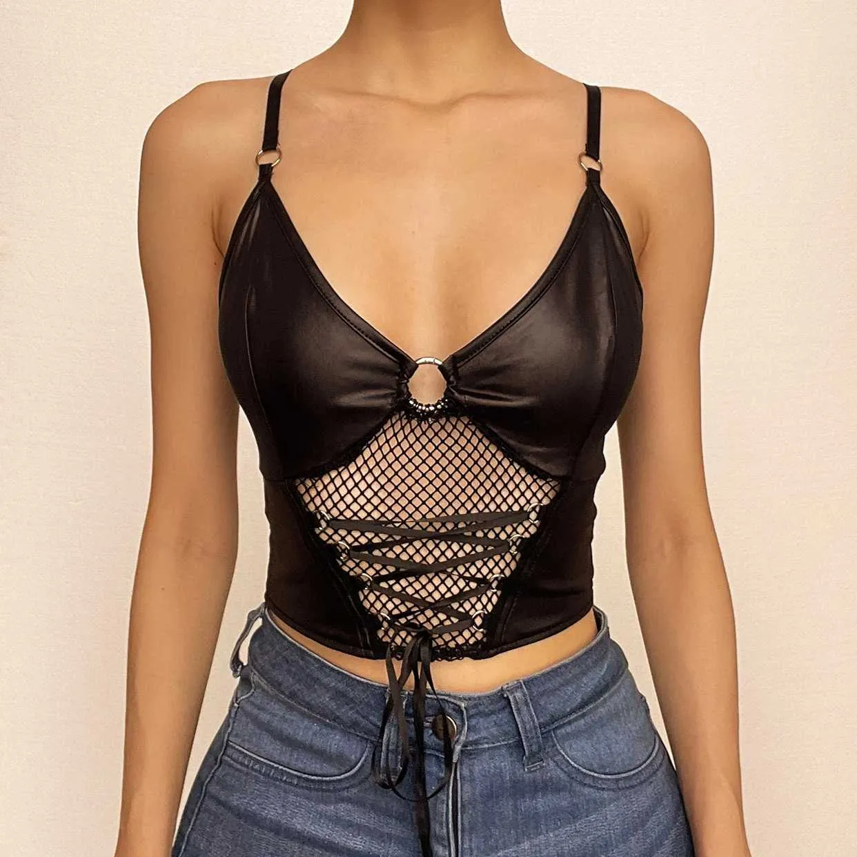 BerryBetty - Backless v neck o ring lace up fishnet hollow out solid cami crop top - Final Sale