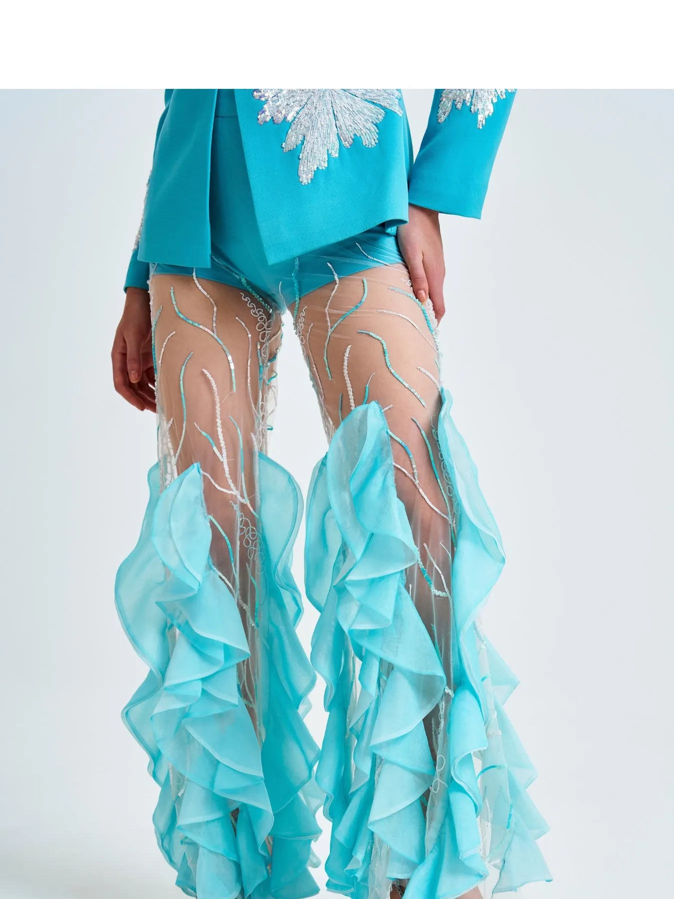 Blue floral embroidery trouser with ruffle details