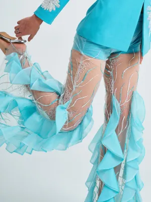 Blue floral embroidery trouser with ruffle details