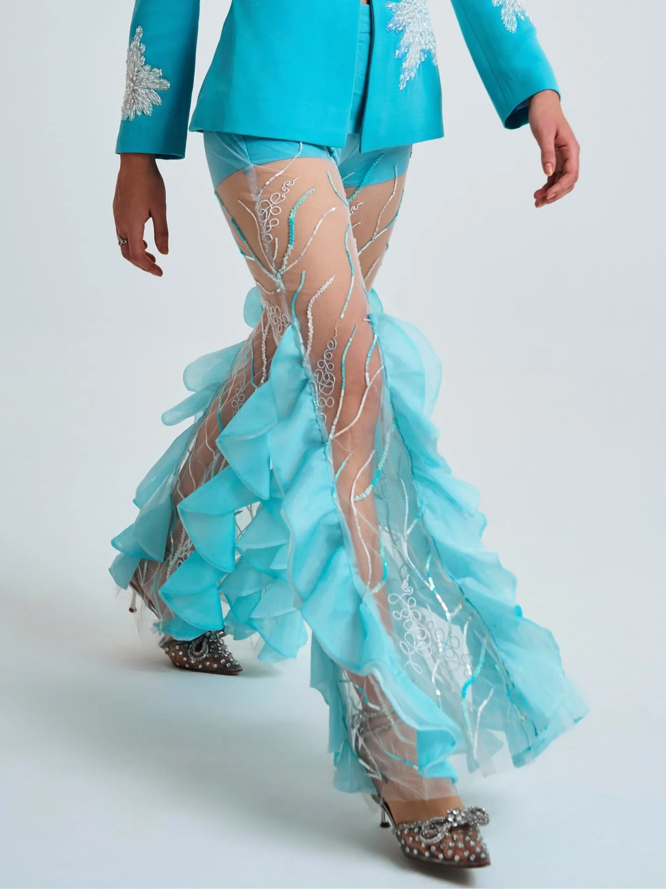Blue floral embroidery trouser with ruffle details