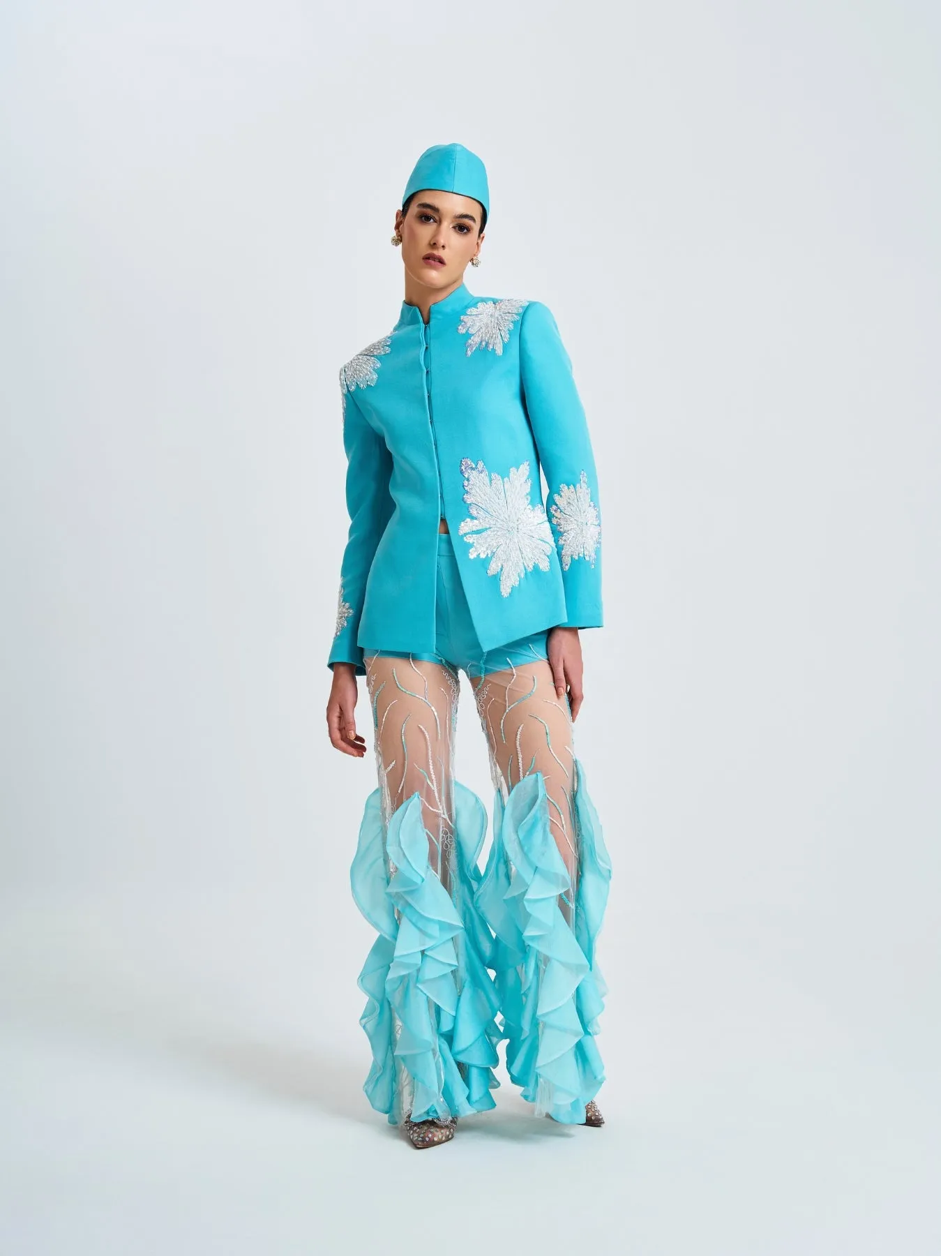 Blue floral embroidery trouser with ruffle details