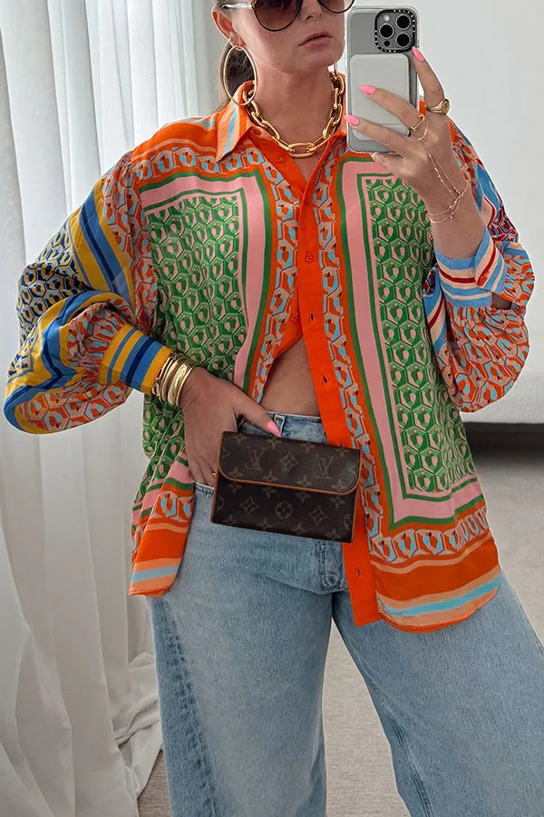 Brazil's Joyful Spirit Colorful Unique Print Balloon Sleeve Button Loose Shirt