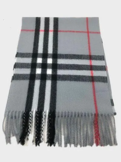 Burberry Look Plaid Wool Blend Very Soft Fringe Scarf Grey