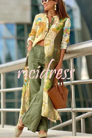 Cayla Linen Blend Unique Print Button Long Sleeve Shirt Midi Dress