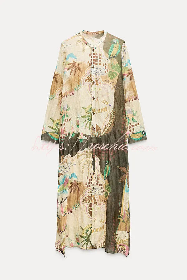 Cayla Linen Blend Unique Print Button Long Sleeve Shirt Midi Dress