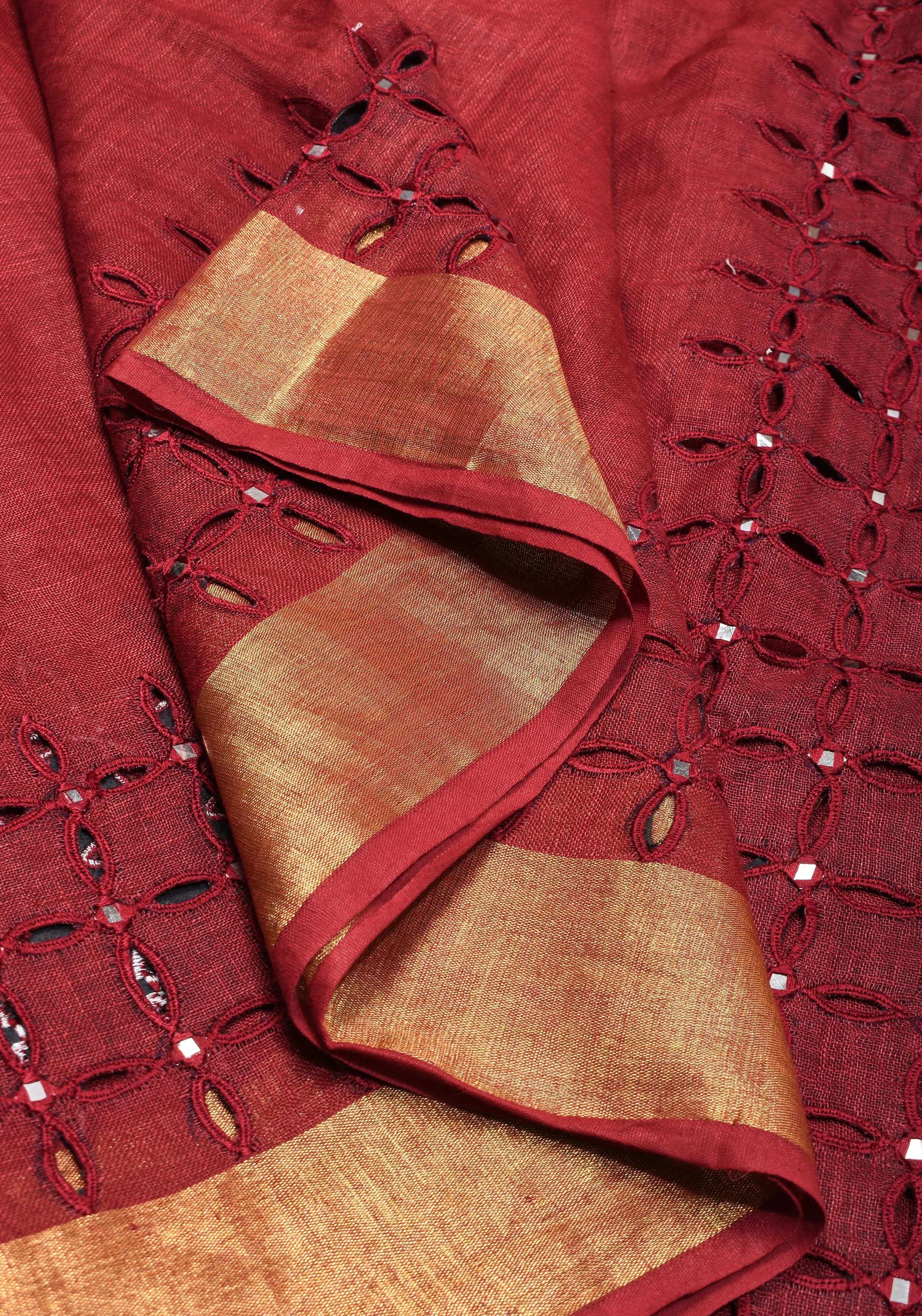 Chudi Design- Linen by Linen Cutwork and Mirrorwork Saree in Deep Red