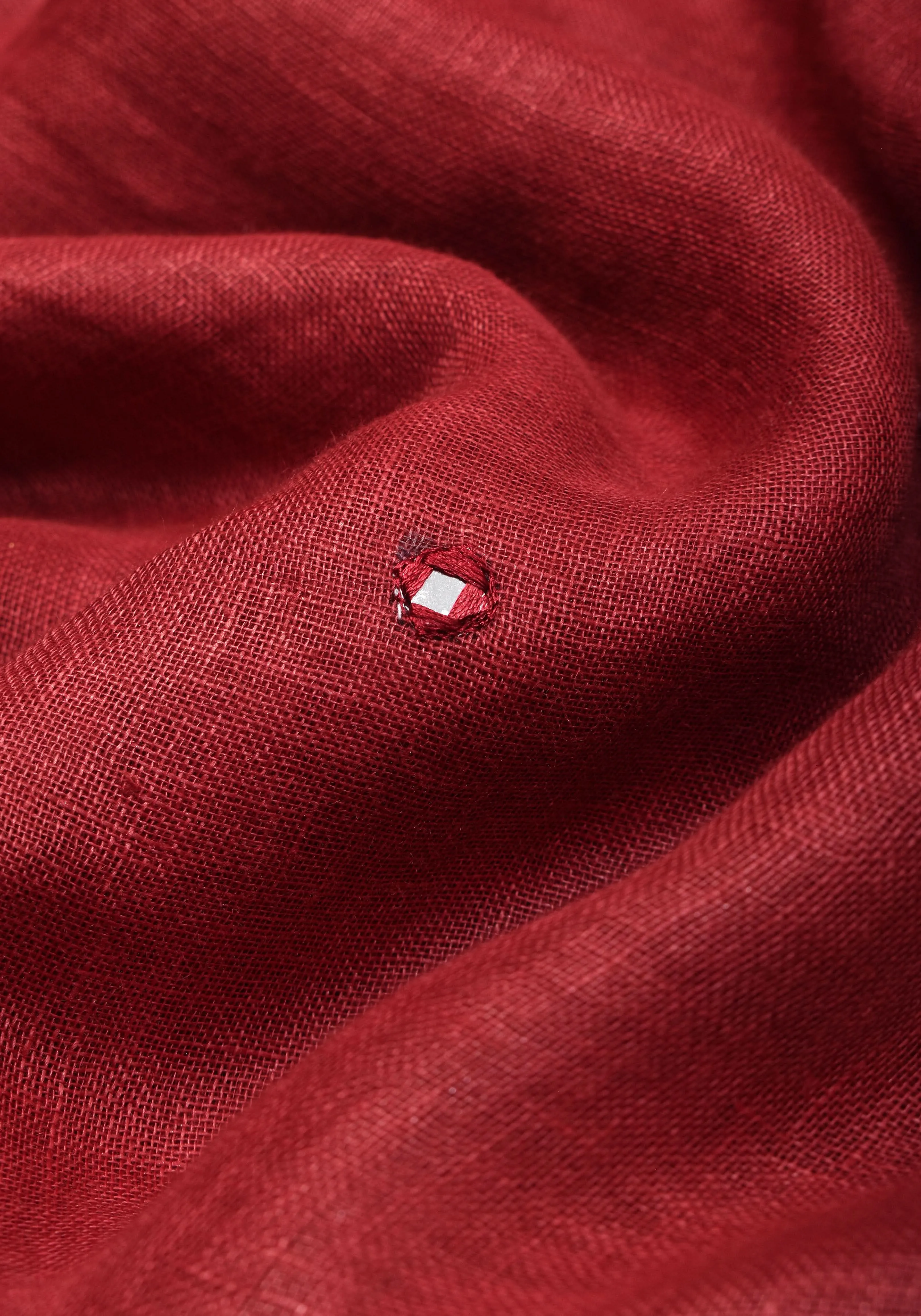 Chudi Design- Linen by Linen Cutwork and Mirrorwork Saree in Deep Red