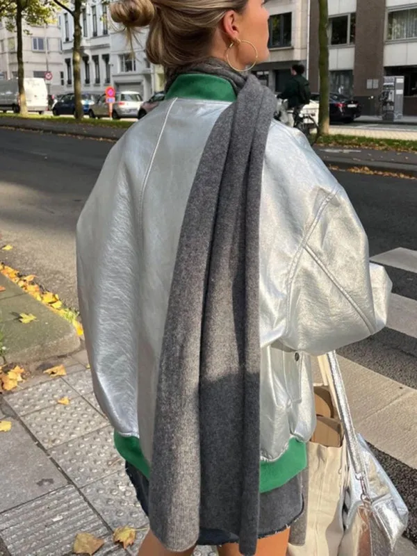 Coat Jacket New futuristic reflective baseball uniform women's silver fashionable long-sleeved jacket