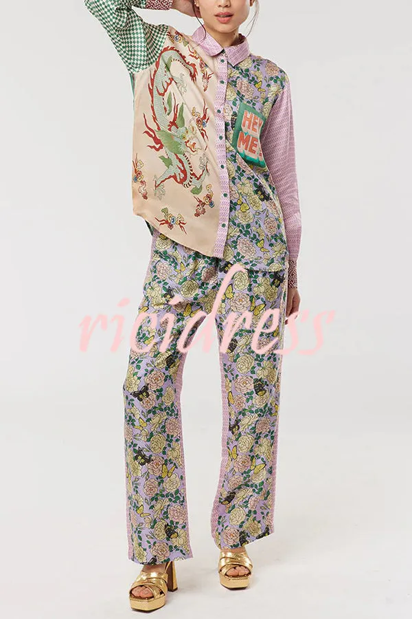 Dragon Season Unique Print Patchwork Pocketed Loose Shirt