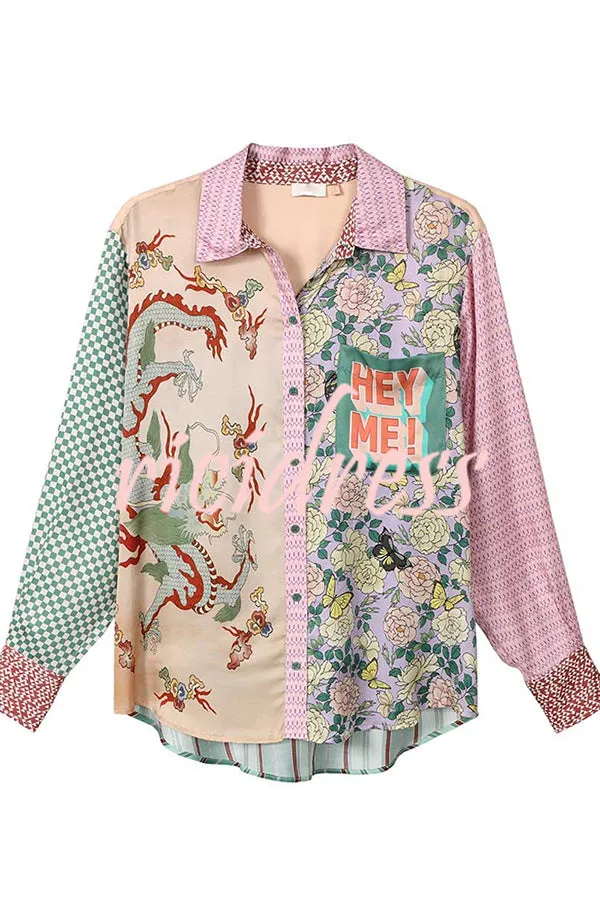 Dragon Season Unique Print Patchwork Pocketed Loose Shirt