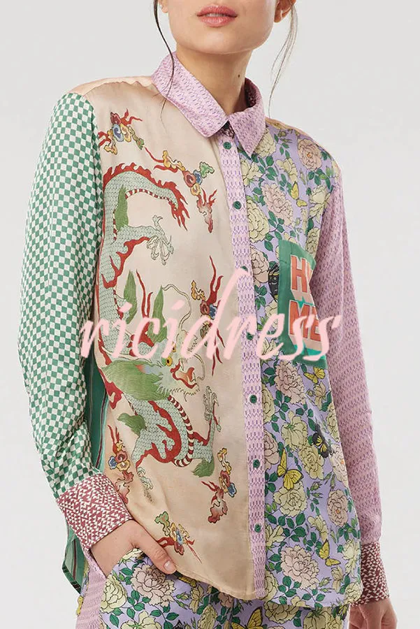 Dragon Season Unique Print Patchwork Pocketed Loose Shirt