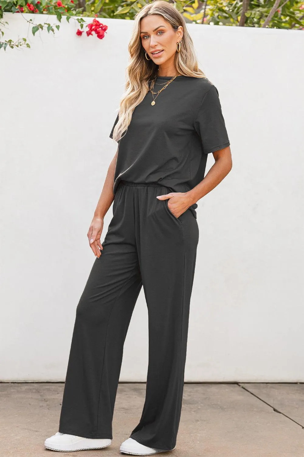 Easygoing Short Sleeve Top and Wide Leg Pants Set