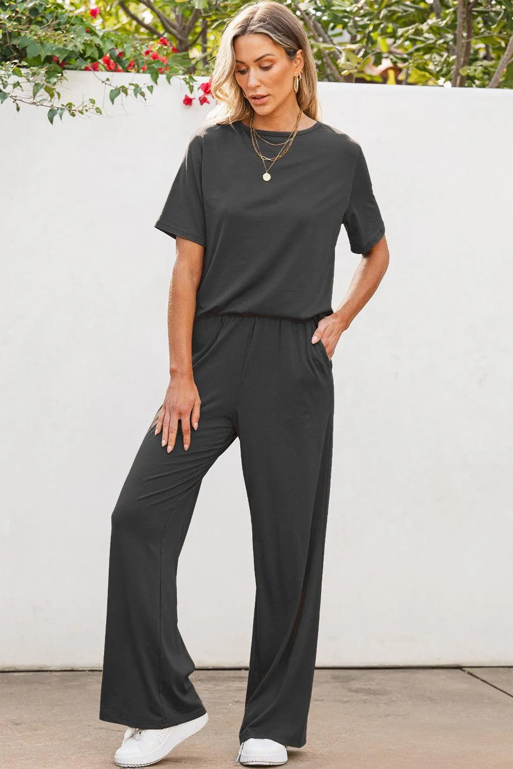 Easygoing Short Sleeve Top and Wide Leg Pants Set